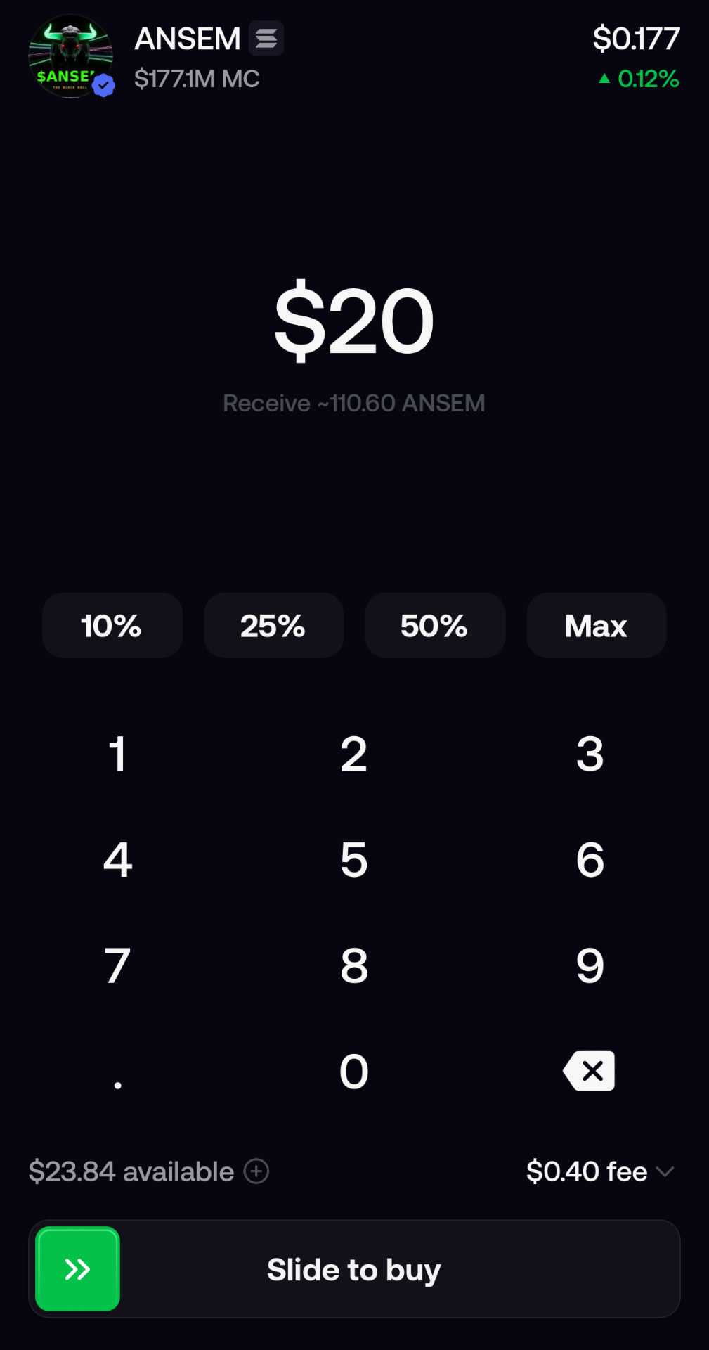 ANSEM buy screen on FOMO